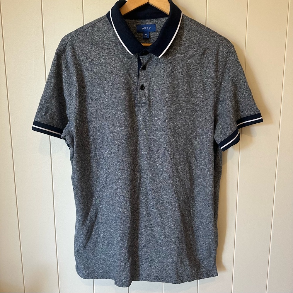 Apt. 9 Men’s Polo Shirt XL | Heather Gray w/ Navy Trim | Short‑Sleeve Casual Top